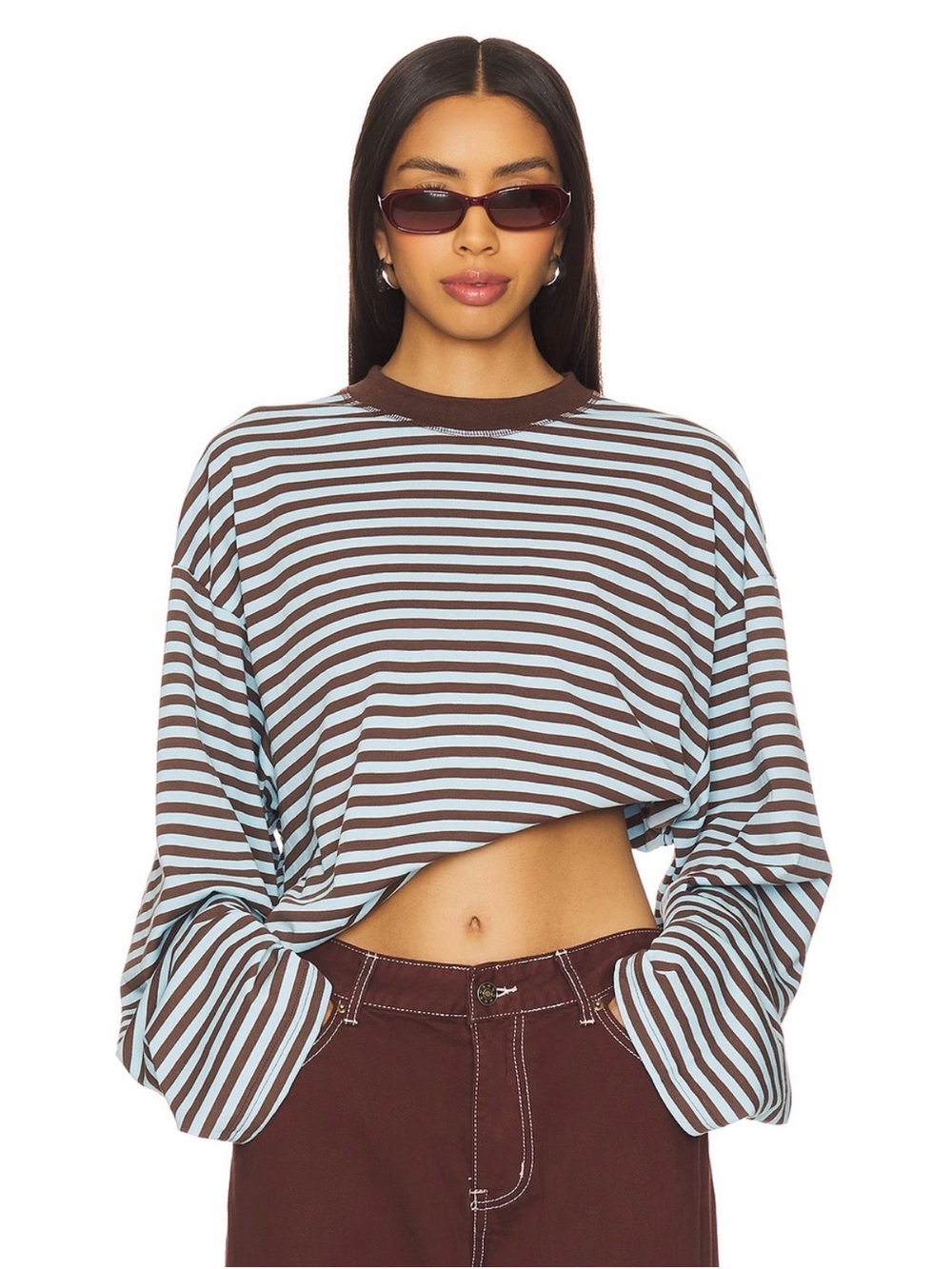 NWT Lioness Bloom Brown & Light Blue Striped Cropped Long-Sleeve Top